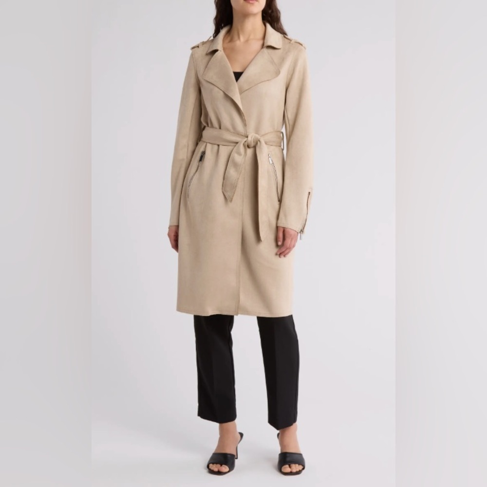 Size XL Plus Size T. Tahari Suede Trench Coat Long Sleeve Winter Jacket Beige